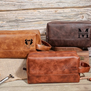 Personalized Toiletry Bag, Groomsmen Gifts-Leather Toiletry Bag for Anniversaries,Groomsmen or Him-Laser Engraved Leather Travel Kit