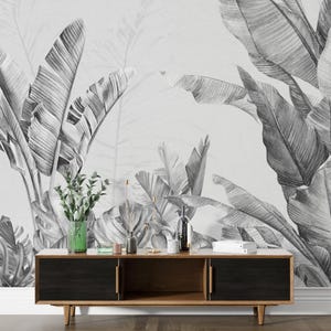 Carta da parati murale monocromatica con foresta tropicale in bianco e nero, decorazione moderna e minimalista della natura