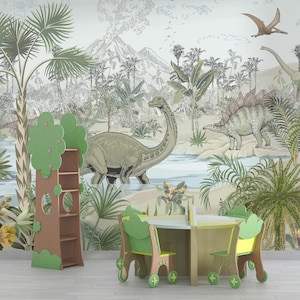 Carta da parati Dinosaur World - Carta da parati botanica, murale floreale, decorazione per interni di camerette e soggiorni
