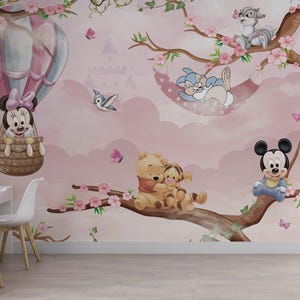 Minnie Mouse and Winnie the Pooh Wallpaper – Botanical Nature Wallpaper, Floral Wall Mural, Kids Room & Living Room Interior Accent