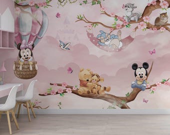 Minnie Mouse and Winnie the Pooh Wallpaper – Botanical Nature Wallpaper, Floral Wall Mural, Kids Room & Living Room Interior Accent