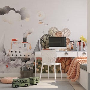 Carta da parati lineare con tema fiabesco in acquerello, tonalità tenui, decorazione da sogno per la cameretta dei bambini, murale per la cameretta dei bambini