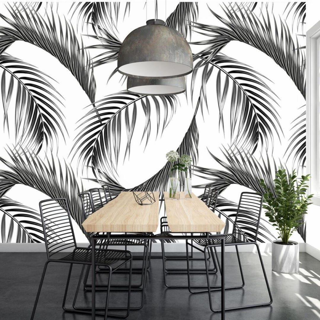Black & White Palm Leaves Wallpaper Monochrome Tropical Art, Modern ...