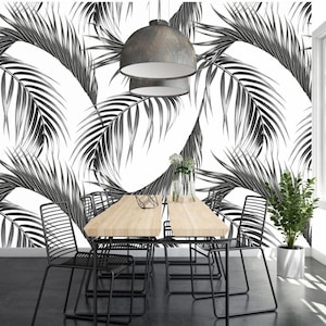 Black & White Palm Leaves Wallpaper Monochrome Tropical Art, Modern Decor