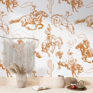 Carta da parati con motivo cowboy del selvaggio West, decorazione per cameretta per ragazzi, arte ispirata al western, arredamento in stile fattoria