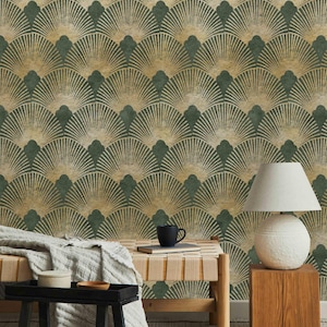 Carta da parati con motivo geometrico verde e oro, design moderno astratto, decorazione murale di lusso