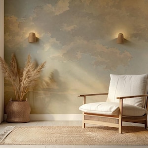 Carta da parati con nuvole morbide ad acquerello, design delicato del cielo, decorazione da parete per cameretta serena, arredamento per cameretta tranquilla