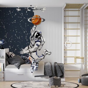 Papier peint astronautes et constellations - Papier peint nuit étoilée sur le thème de l'explorateur de l'espace pour décoration d'enfants cosmique