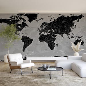 Zwart behang wereldkaart – Strakke monochrome muurschildering met geografie met modern ontwerp voor studeer- of kantoorruimtes