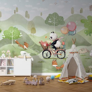 Carta da parati con panda in bicicletta e simpatici amici - Carta da parati botanica, murale floreale, decorazione per interni per cameretta e soggiorno