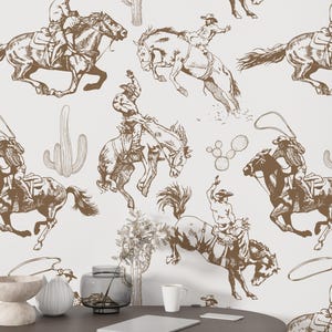 Carta da parati con motivo cowboy del selvaggio West, tema avventura, decorazione per la sala giochi dei bambini, murale in stile ranch