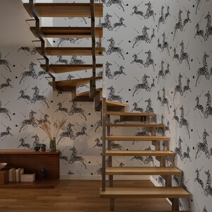 Zebre nere in corsa su carta da parati grigia - Murale con animali da safari, moderna decorazione murale con animali selvatici, arredamento per bambini e soggiorno
