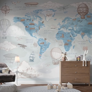 Hellblaues Luftballon-Weltkarten-Wandbild mit spielerischem Reise-Abenteuer für Kinderzimmerdekor
