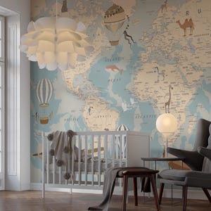 Blue & Beige World Map Wallpaper Modern Global Map, Stylish Travel Theme, Office Decor
