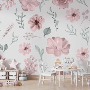 Pink Toned Flowers & Leaves Wallpaper Soft Floral Design, Romantic Wall Decor
