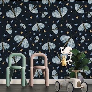 Butterfly & Stars Wallpaper Whimsical Nature Art, Dreamy Kids Room Decor