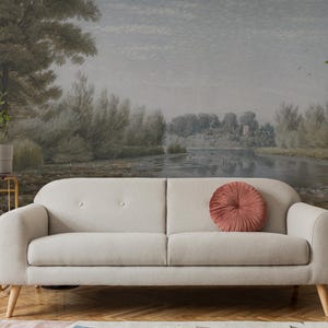 Papier peint vintage vue lac avec fleurs de lotus - Papier peint nature botanique, décoration murale florale, décoration intérieure de chambre d'enfant et de salon