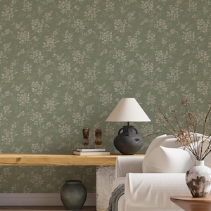 Groene achtergrond Roos Vintage behang Klassieke bloemenprint, elegant retro decor