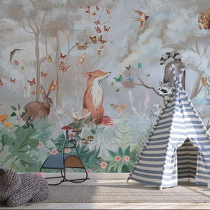 Carta da parati con volpe rossa e animali della foresta - Carta da parati botanica, murale floreale, decorazione per interni di camerette e soggiorni