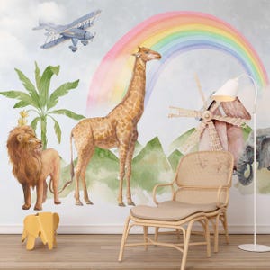 Carta da parati con animali tropicali sotto l'arcobaleno, divertente safari colorato, decorazione per la cameretta dei bambini
