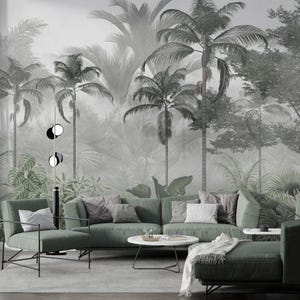 Black & White Palm Tree Tropical Forest Wallpaper Monochrome Nature Art, Modern Decor