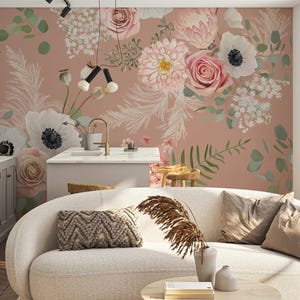 Colorful Flowers on Pink Background Wallpaper – Vibrant Botanical Mural, Cheerful Floral Wallpaper for Kids or Living Rooms