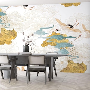 Japanese Crane Birds Gold Flowers Wallpaper, Oriental Floral Art, Elegant Nature Mural, Peel Stick