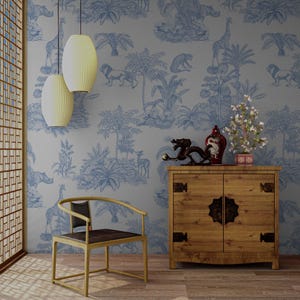 Carta da parati con alberi e animali tropicali blu - Carta da parati murale con giungla nei toni dell'oceano con fauna selvatica esotica, design safari costiero