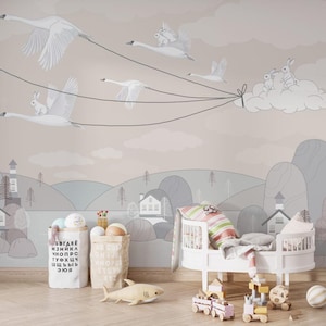 Carta da parati beige "Il viaggio dei conigli con gli uccelli", neutra, avventura con animali, decorazione per la cameretta dei bambini
