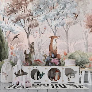 Carta da parati con volpe, coniglio e amici nella foresta colorata - Murale con animali stravaganti, decorazione naturale per la cameretta dei bambini, parete con fiabe del bosco