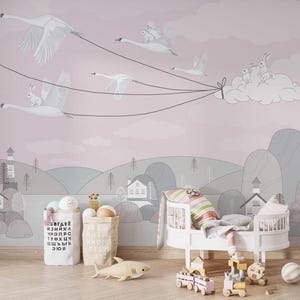 Carta da parati rosa "Viaggio dei conigli con uccelli", dolce avventura con gli animali, decorazione per la cameretta dei bambini
