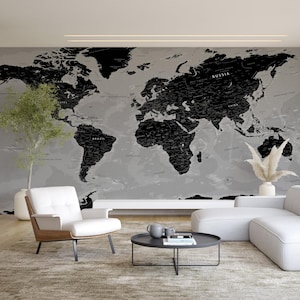 Zwart behang wereldkaart – Strakke monochrome muurschildering met geografie met modern ontwerp voor studeer- of kantoorruimtes