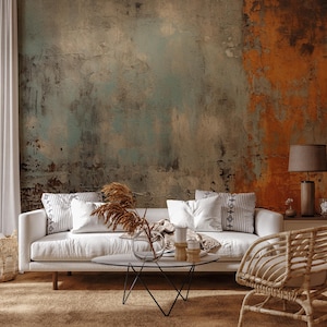 Carta da parati in cemento arancione e blu – Carta da parati murale industriale chic con texture urbana terrosa, parete decorativa moderna dai colori vivaci