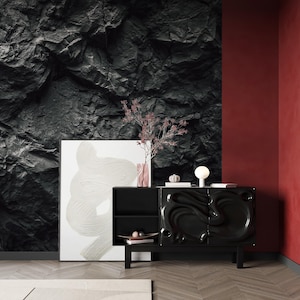 Black Rock Texture Wallpaper – Bold Faux Stone Wall Mural with Masculine Mood, Industrial Chic Accent for Modern Living Spaces
