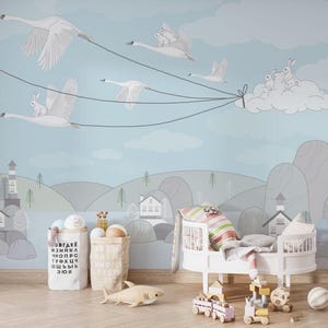 Viaggio dei conigli con carta da parati blu con uccelli, avventura con animali tranquilli, cameretta per bambini