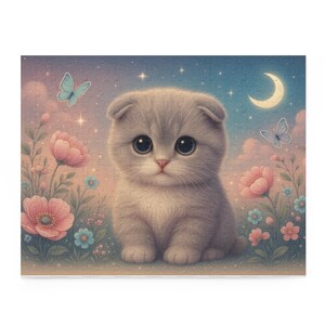 Scottish Fold Kitten Puzzle - Dreamy Cat in a Starry Floral Garden | Jigsaw in 3 Sizes (120, 252, 500 Pieces)