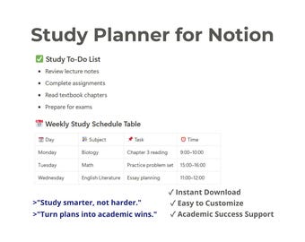 Notion Study Planner Template – Academic Organizer | Digital Download, Minimalist Layout, Fully Editable