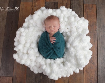 Neutral Baby Newborn Photography Prop. Large Puffball Photo Prop Blanket in White Cloud Texture for Boys or Girls