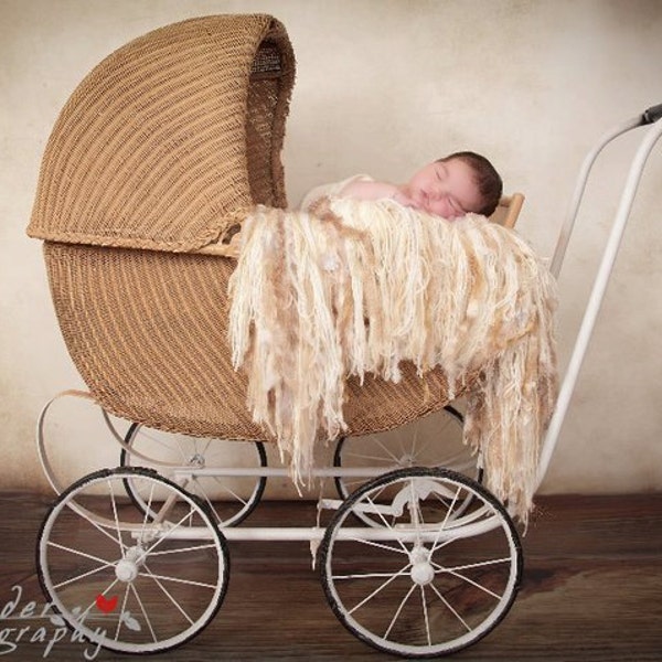 Cream Fringe Blanket / Hammock Baby Photography Prop. Hand Knit Pram Liner