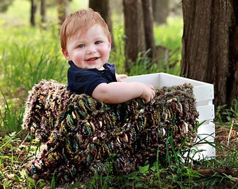 Camo Baby Photo Prop Blanket: 'Sylvan' Green Brown PuffPelt