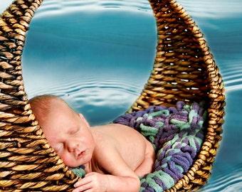 Hand Knit Nautical Baby Photo Prop, Blue Green Textured Blanket