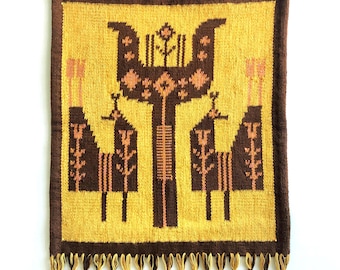 Mid Century Scandinavian Peacock Tapestry: Vintage Folk Art Wall Hanging