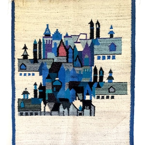 Vintage Wall Tapestry / Wall Art / Wall Deco / 1980s / 1990s / Polish Art / Folk Art / Handwoven / Retro Wall Hanging / Cityscape
