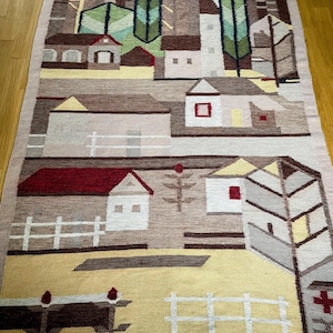 Vintage Woven Wool Tapestry: Mid-Century Village Scene, Hungarian Folk Art