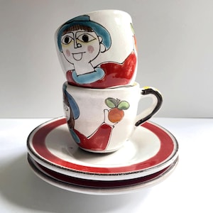 Vintage DeSimone Italy Cups & Saucers / Hand-Painted Man and Woman w/ Apples / Mid-Century Italian Folk Art Pottery / Matching Pair