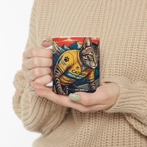 Tour de Féline Mug | Funny Cat Coffee Cup | Road Cycling Gift | Tour de France Parody | Retro Poster Art | 11oz Ceramic Mug
