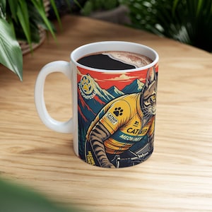 USA CUSTOMERS Tour de Féline Mug | Funny Cat Coffee Cup | Road Cycling Gift | Tour de France Parody | Retro Poster Art | 11oz Ceramic Mug