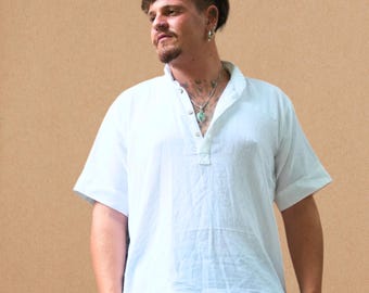 Handmade Boho Men’s Cotton Shirt: Loose Fit Summer Top