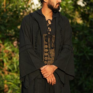 Male Boho Kimono | Black and Natural Cotton Hooded Robe | Lightweight Fringe Festival Kimono | Ritual Robe for Men & Women