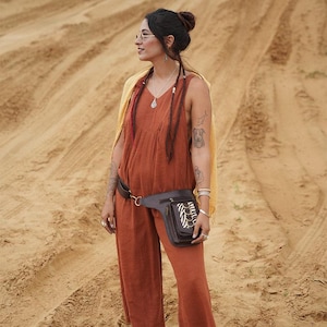 Boho Cotton Jumpsuit for Women – Wide Leg Overalls – Handmade Festival Outfit – Natural & Terracotta – Loose Fit Romper
